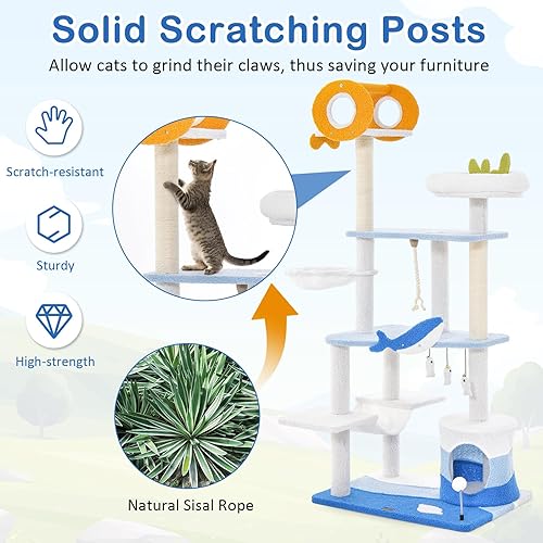 Miniatura 9 de Tangkula Árbol para gatos con temática oceánica, torre para gatos de 3 niveles con postes rascadores de sisal, condominio, perca, hamaca, juguetes