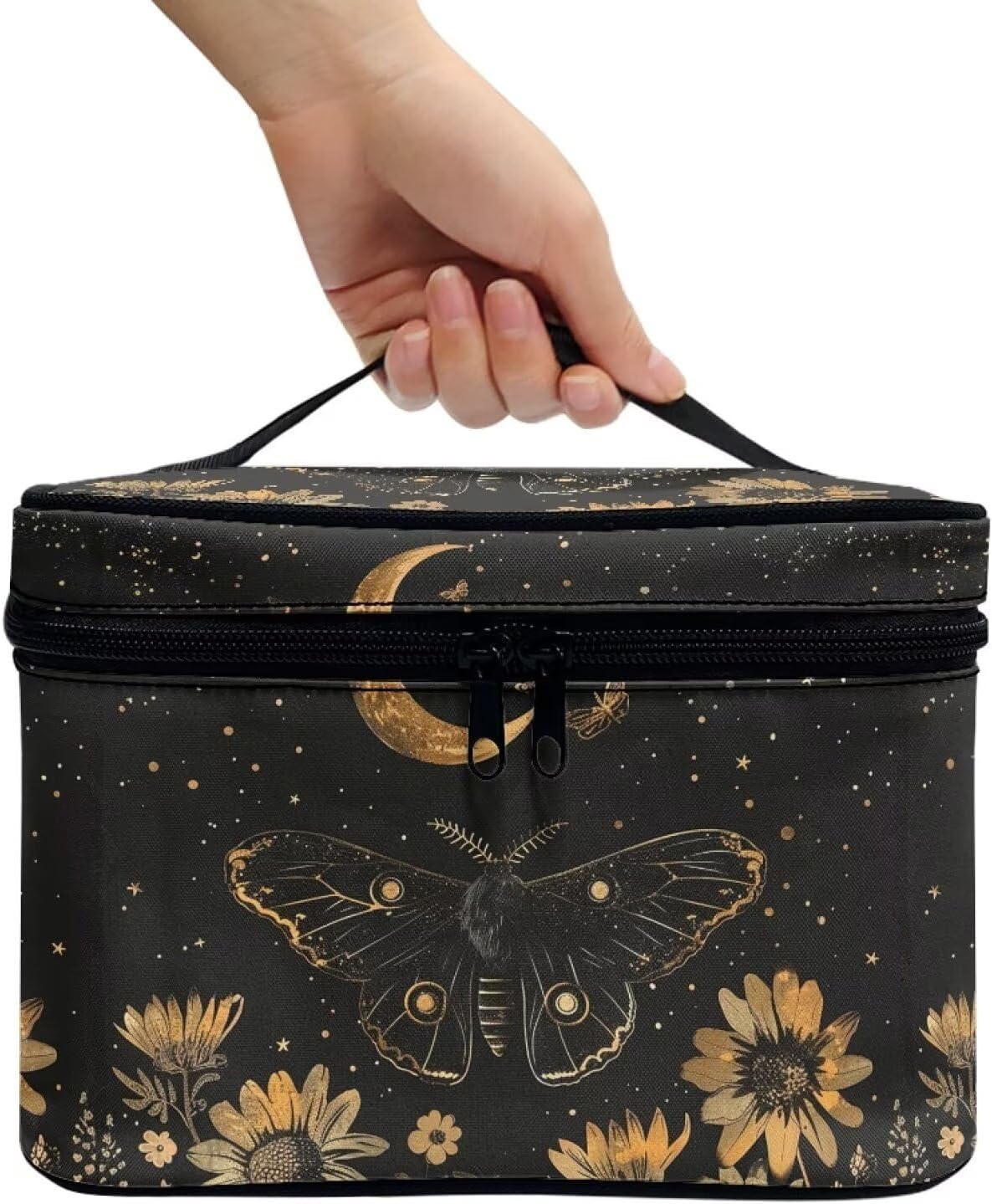 Goth Makeup Bag for Women Star and Moon Cosmetic Bag with Brush Slot Butterfly Travel Toiletry Bag with Zipper Aesthetic Black travel skincare bag with handle for Women Womens birthday gifts