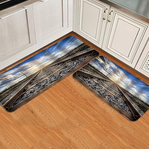 Alfombras y tapetes de cocina, 2 piezas, tren de motor de vapor en vías de ferrocarril, tapete acolchado antifatiga, cómodo, impermeable,