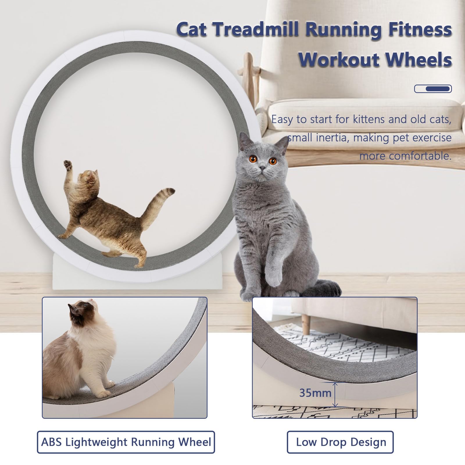 Rueda para Correr para gatos de 47 Pulgadas, Cinta de Correr para gatos con Pista alfombrada y Ruido ultrabajo, Ruedas para gatos fáciles de Instalar para gatos de Interior Fitness y Salud