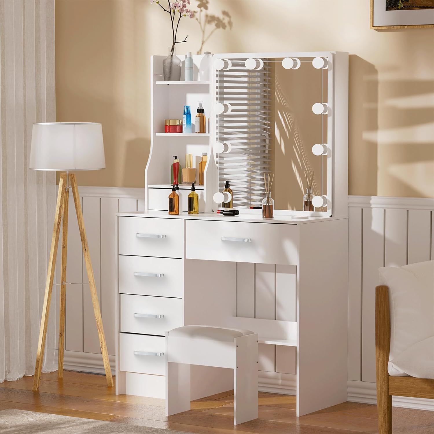 Vanity Desk with Mirror and Lights, Makeup Vanity Desk with Lights 3 Colors, Dressing Table with Drawers and Shelves for Girls and Women