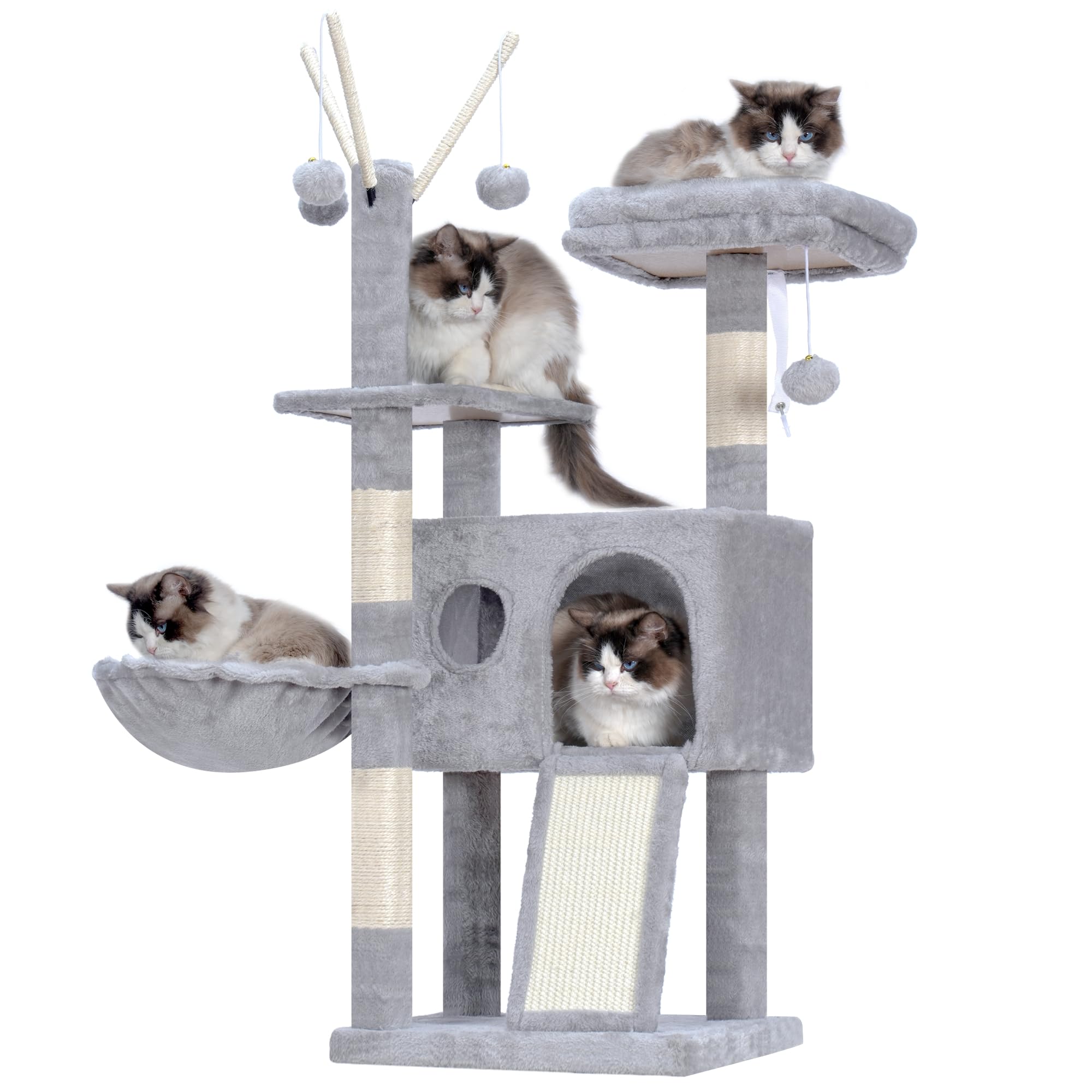 Hey-brother Tiragraffi per Gatti, con Pompon rimovibili, Cuccia, MPJ008SW | 100cm Albero per Gatti, Cesta Sospesa, Piattaforma, Rampa graffiante, Ideale per gattini da interno, Grigio Chiaro