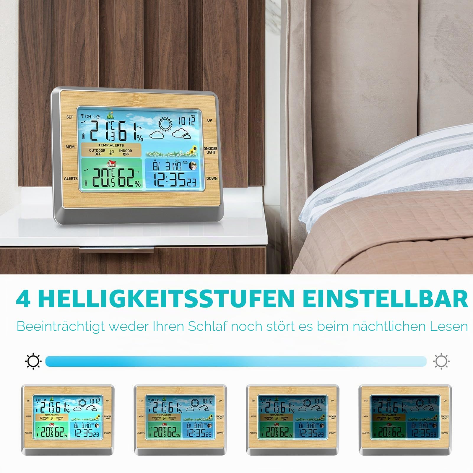 WLAN-Wetterstation mit LED-Farbbildschirm, Helligkeitsanpassung, Temperatur und Luftfeuchtigkeit, wetterfest, subitoaste, Datum, Alarm, Wettervorhersage