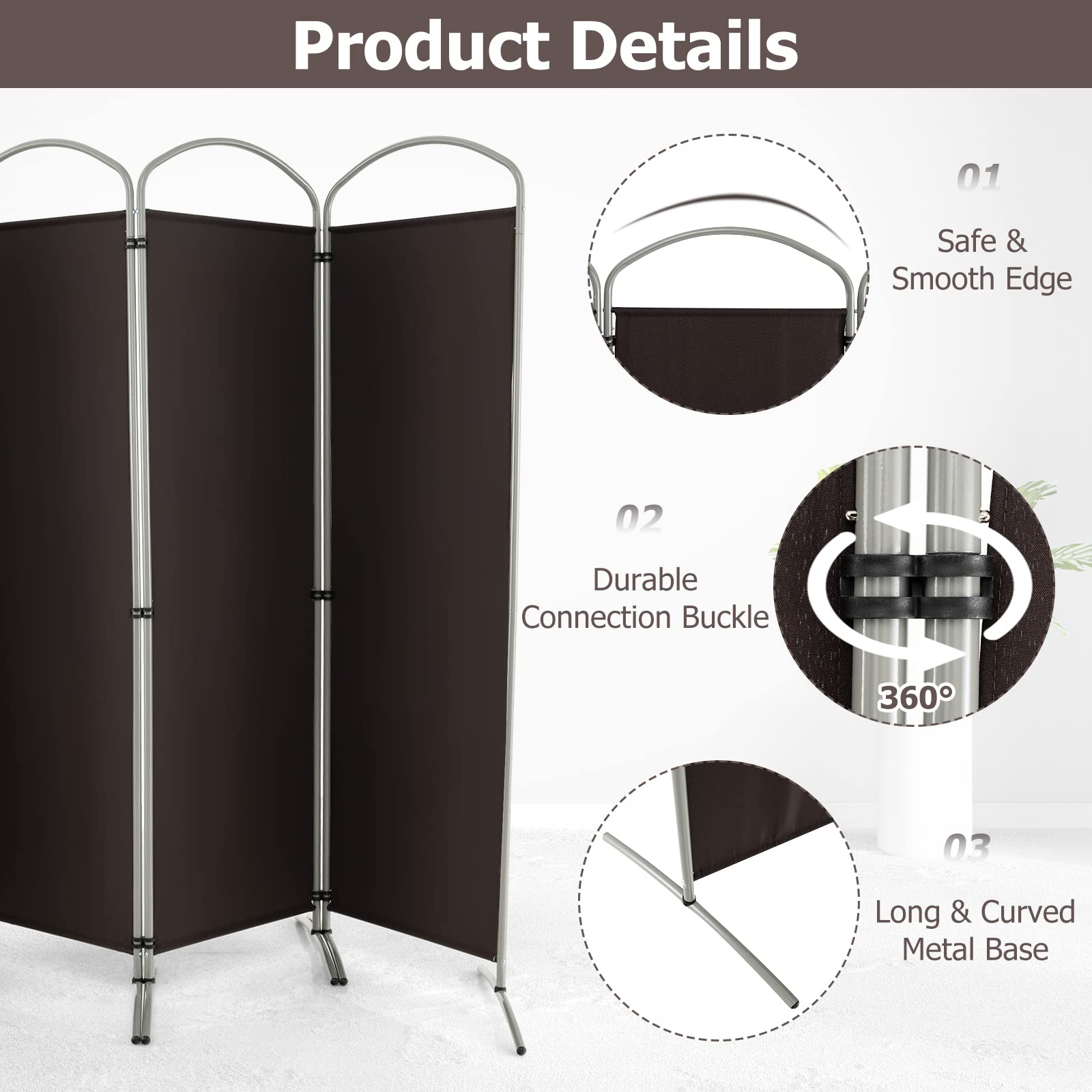 GOPLUS Paravent Pliable à 4 Panneaux, Brise Vue Intérieure et Extérieure avec Support en Métal,Paravent de Chambre Retractable 221 x 188 CM, pour Salon, Chambre, Bureau (Marron)