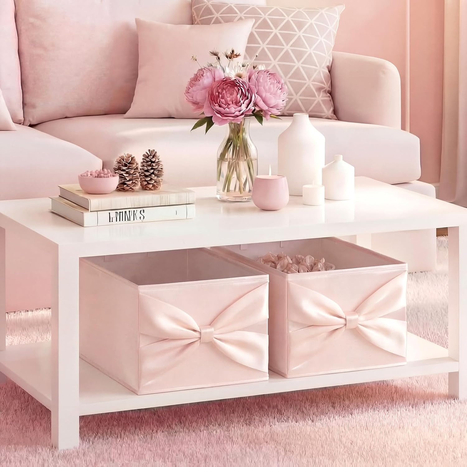 Gerrii 2 Pack Light Pink Bow Storage Bins for Closet 18.5" x 11.02" x 7.87" Large Stylish Fabric Organizers with Bow Handles Grid Dorm Organizer Open Compartments for Underwear Socks Accessories