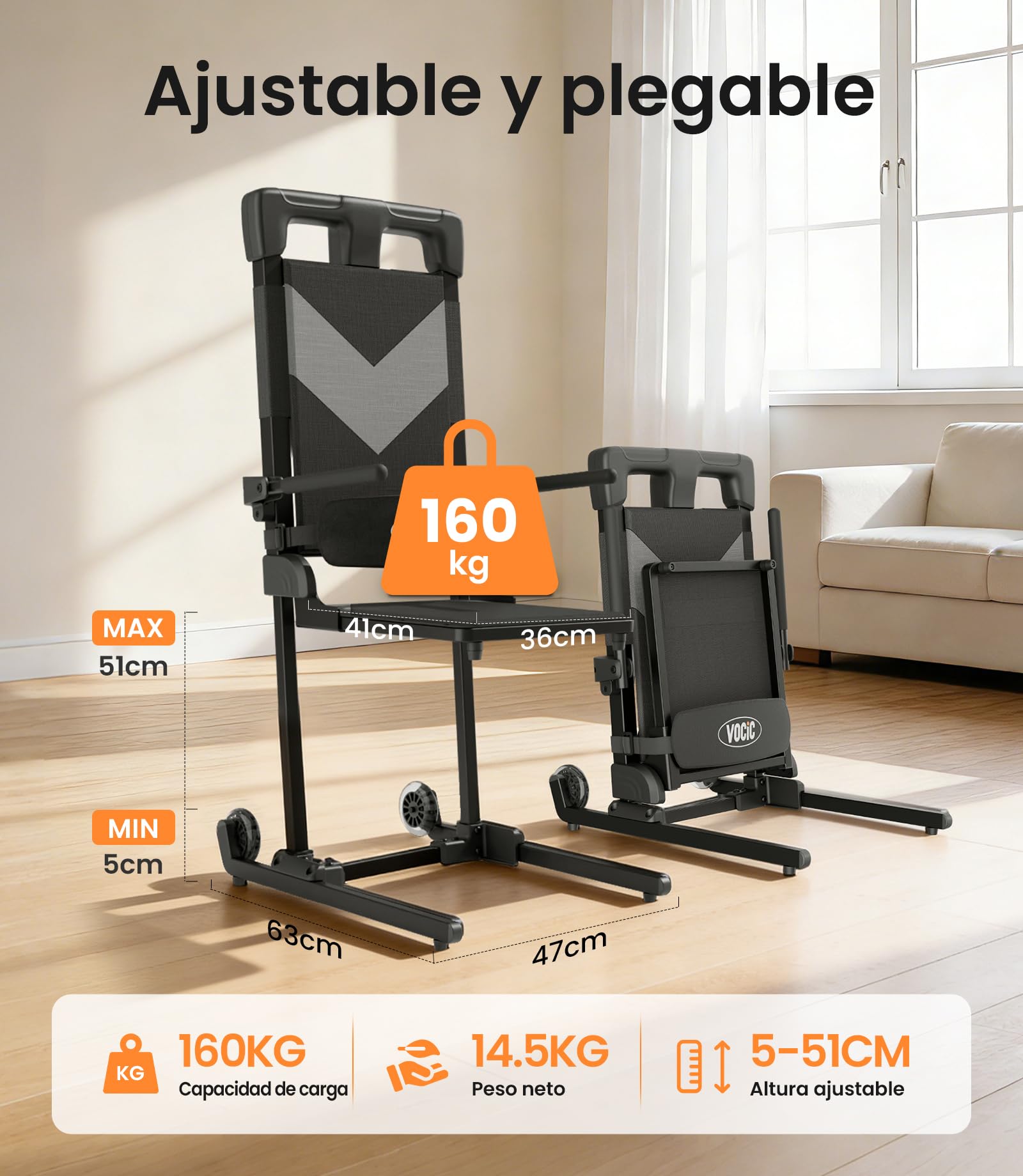 VOCIC AX25 Sillón Elevador eléctrico 160 kg, Ligero y móvil | Mayores cuidado hogar, ayuda levantarse tras caída, sillón móvil ruedas grandes, transferencia sofá cama, ligero 160KG