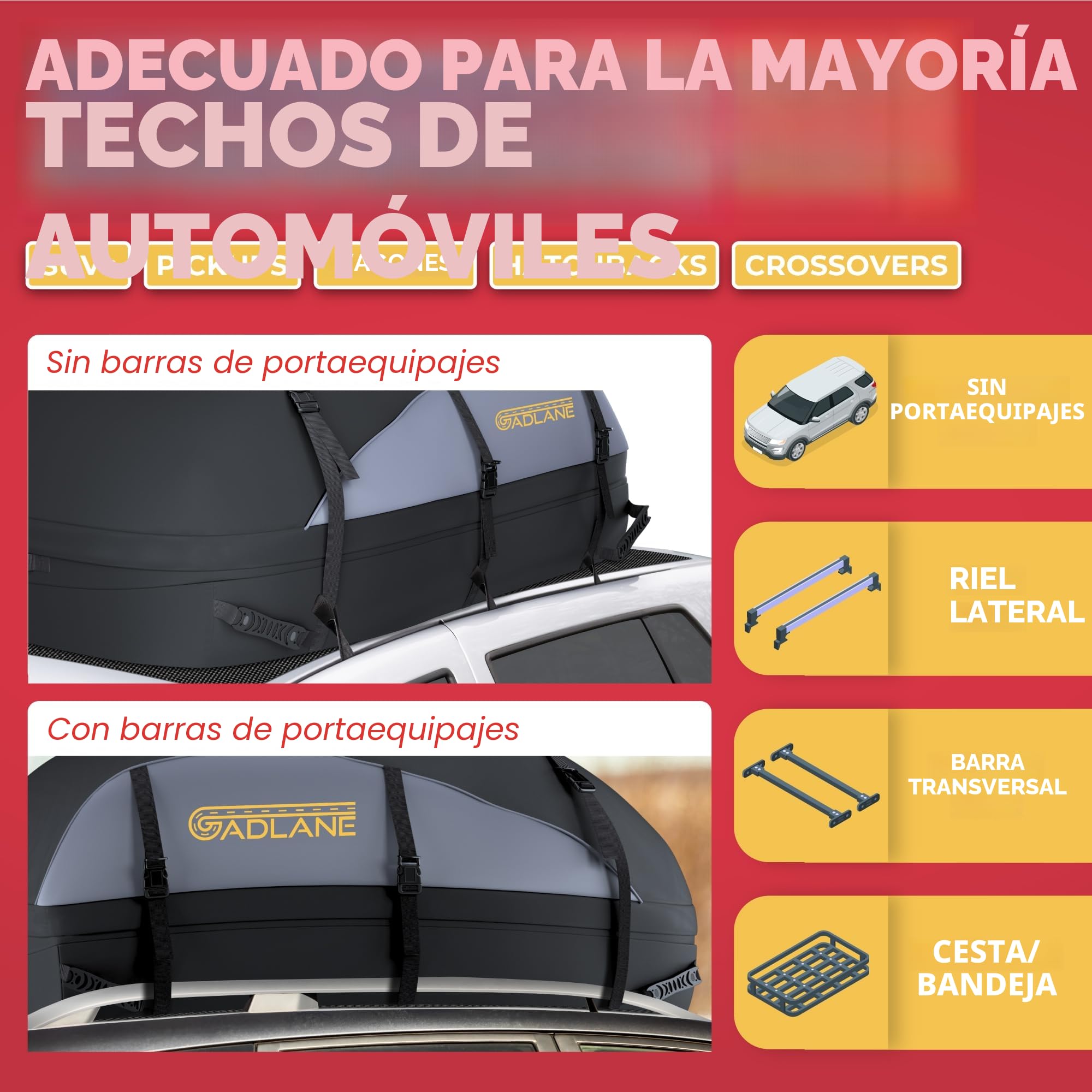 GADLANE Bolsa de Techo para Coche 550L, Impermeable, para automóviles con/sin portaequipajes con 6 Correas Resistentes, Alfombrilla Antideslizante y Bolsa de transporta para automóviles (Gris/Negro)
