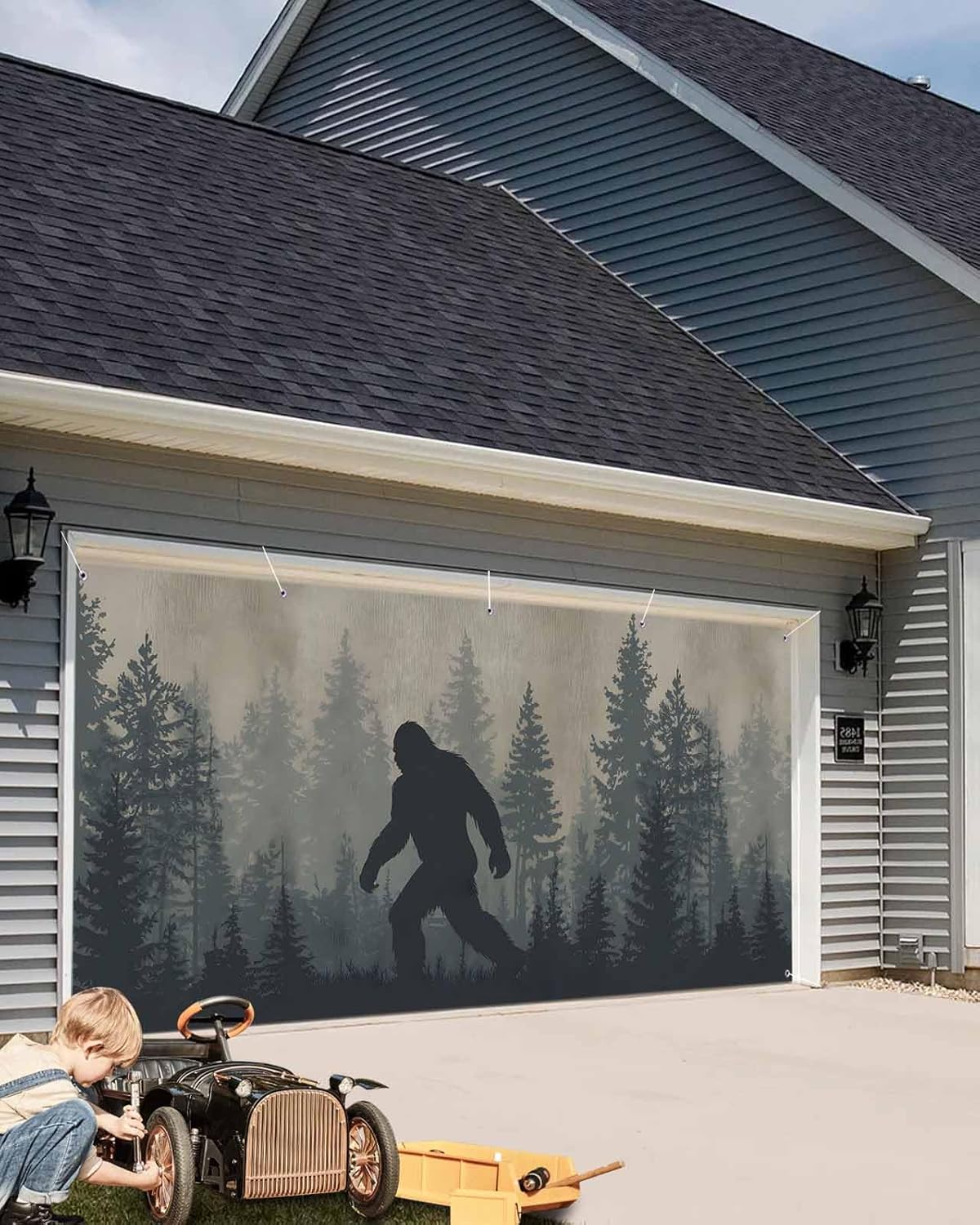 Forest Bigfoot Garage Door Banner Decorations 6.9 x 8ft Vintage Sasquatch Animal Silhouette Foggy Dark Forest Plant Large Garage Door Covers Backdrop Banners for Indoor Outdoor Photography Background
