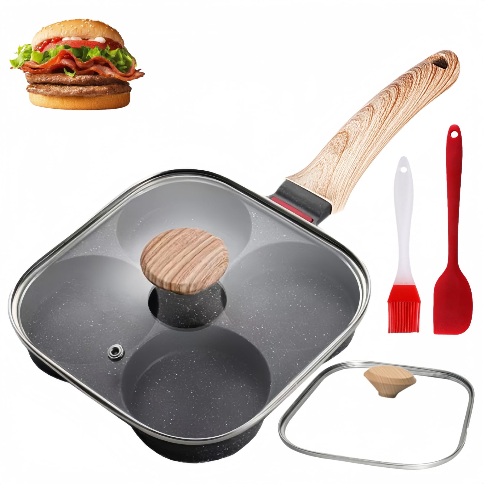 HUPECHAM Egg Pan With Lid 4-Cup Nonstick, and Healthy Granite Egg Frying Pan