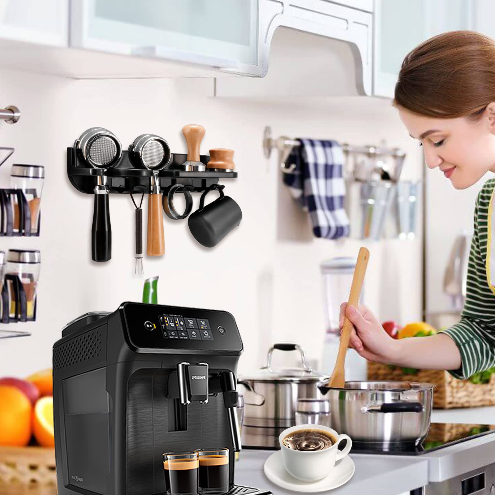 Range Portafilter Café - Support Mural Pour Accessoires Barista - Organisateur De Station Café - ABS - 7