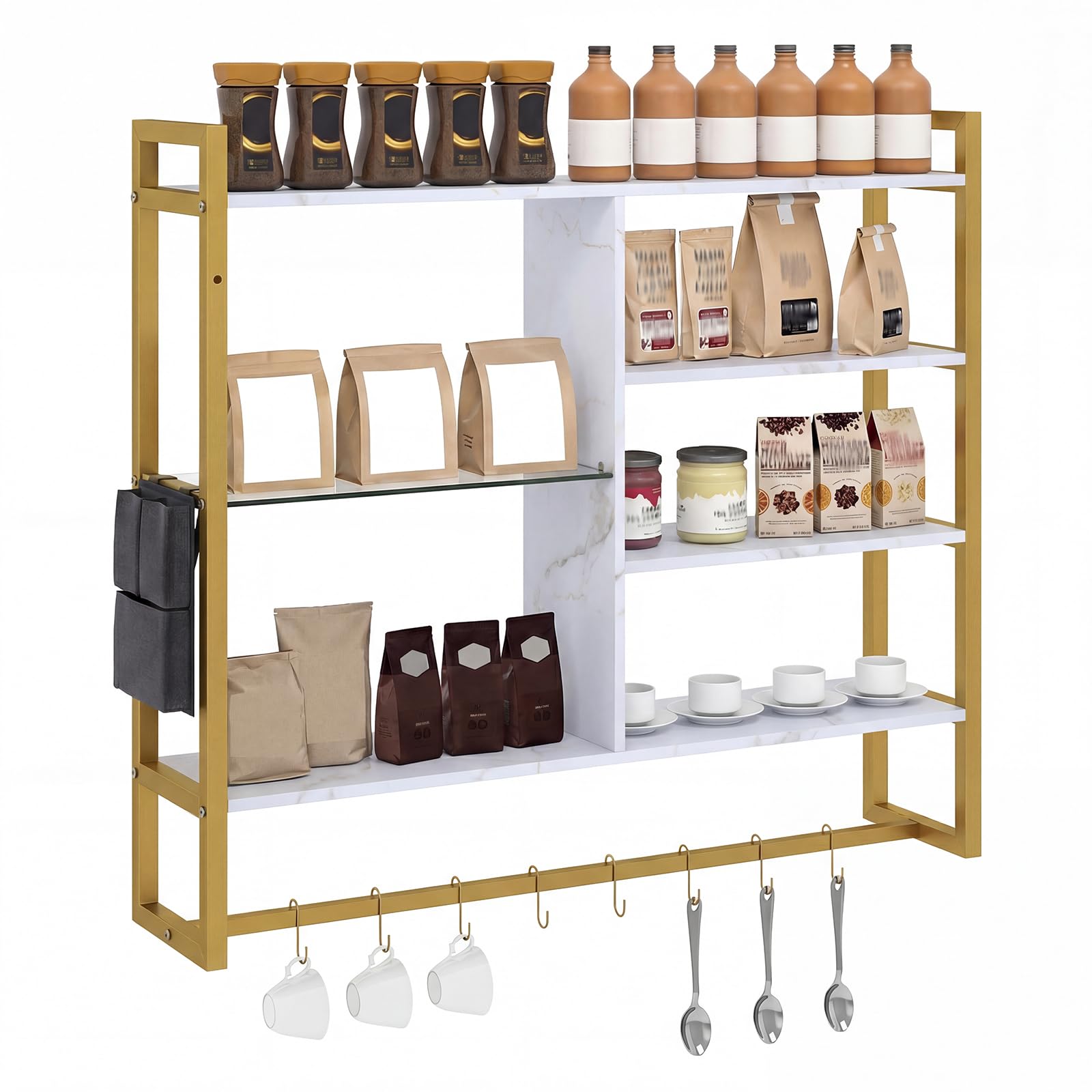 COSTWAY 6-Tier Floating Shelves, Wall Mounted Pipe Shelving with 8 S-Shaped Hooks & Side Pocket, Hanging Display Rack for Home Kitchen Bar (Gold+White)