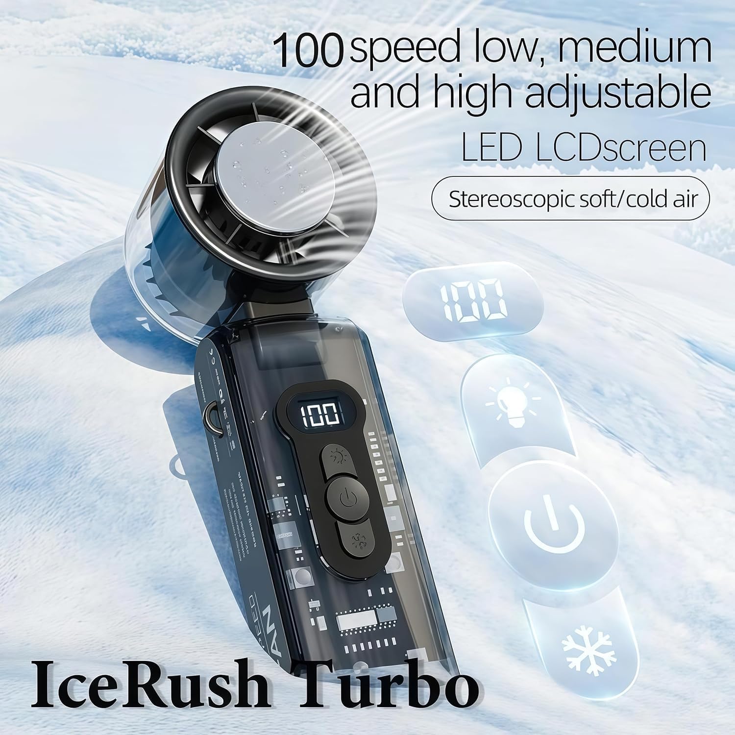 Icerush Turbo – Handheld Fan With Instant Cooling Plate & Led Light, Portable Handheld Turbo Fan with Ice Cooling, 3600mah Rechargeable,135° Tilt Foldable, for Travel, Office, Home (Black)