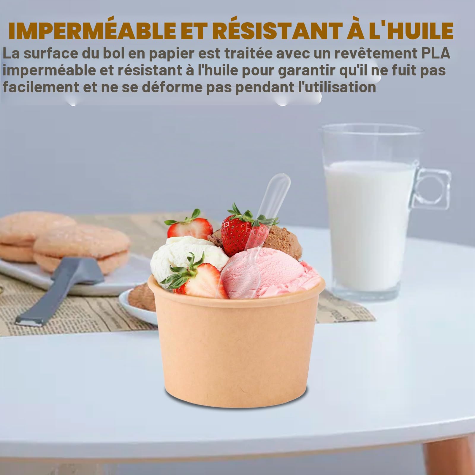 Sporgo Gobelets à soupe à emporter 50 pièces : 240 ml gobelets en carton gobelets à glace en carton gobelets à céréales avec 50 cuillères marron Tasses à soupe tasses compostables avec PLA pour