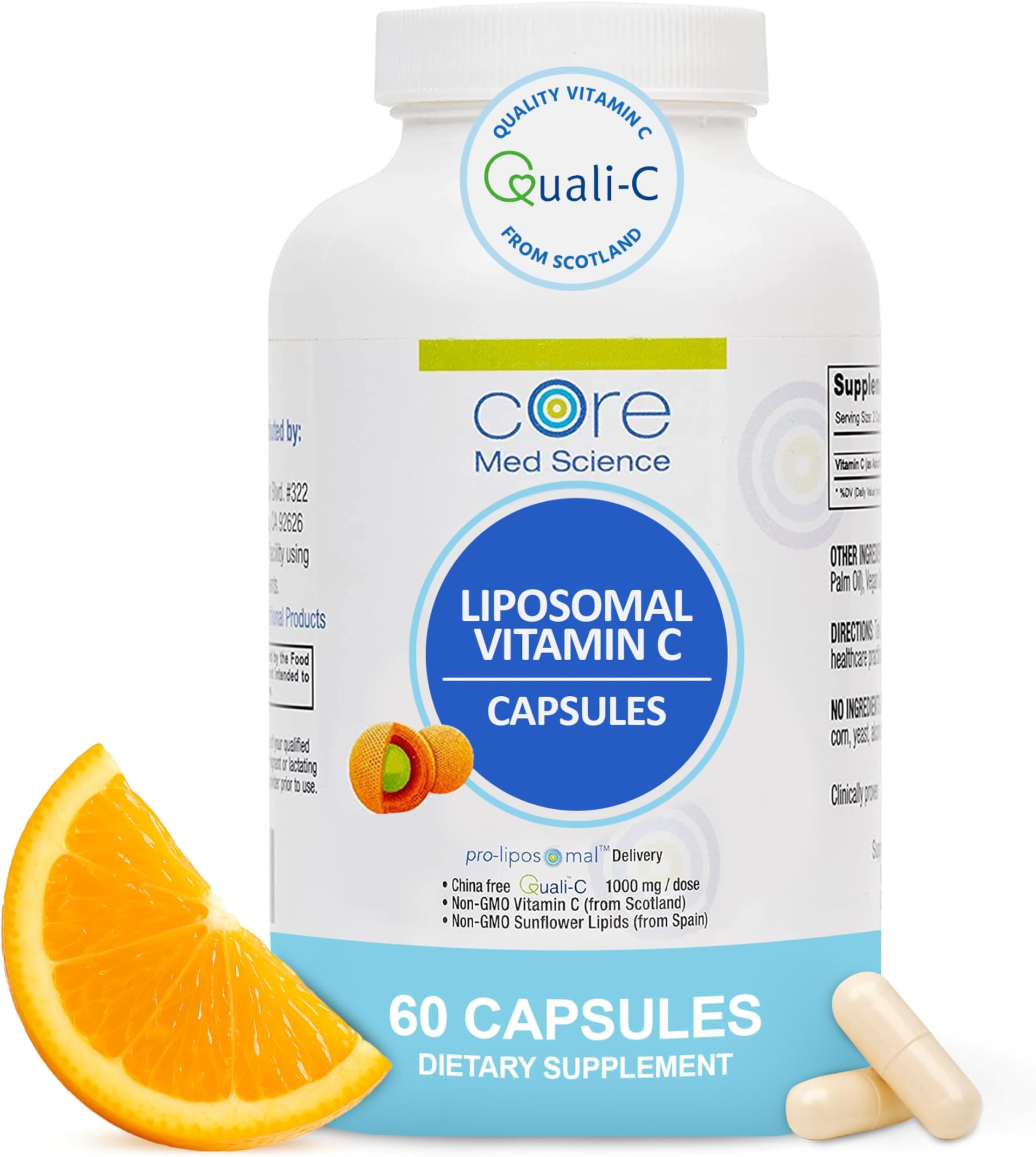Core Med Science Liposomal Vitamin C 1000mg, 60 Capsules - Non-GMO Natural Liposomal Vitamin C Supplement that Promotes Healthy Skin - Immune System Booster for Adults, Supports Collagen Formation