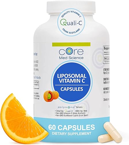 Core Med Science Vitamina C liposomal de 1000 mg, 60 cápsulas Suplemento de vitamina C liposomal natural sin OMG que promueve una piel sana