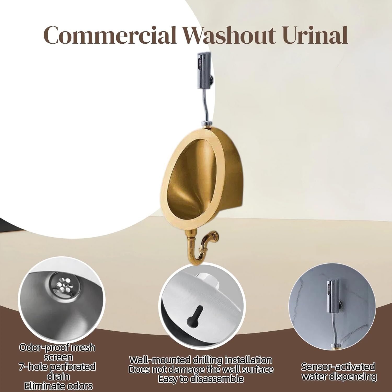 Stainless Steel Wall Mounted Urinal for Men, 304 Commercial Urinal, Deep Bowl Splash Guard Design, Fast Drainage System, Odor-Control Structure, Brushed Finish for Home, Office, Garage(Gold)