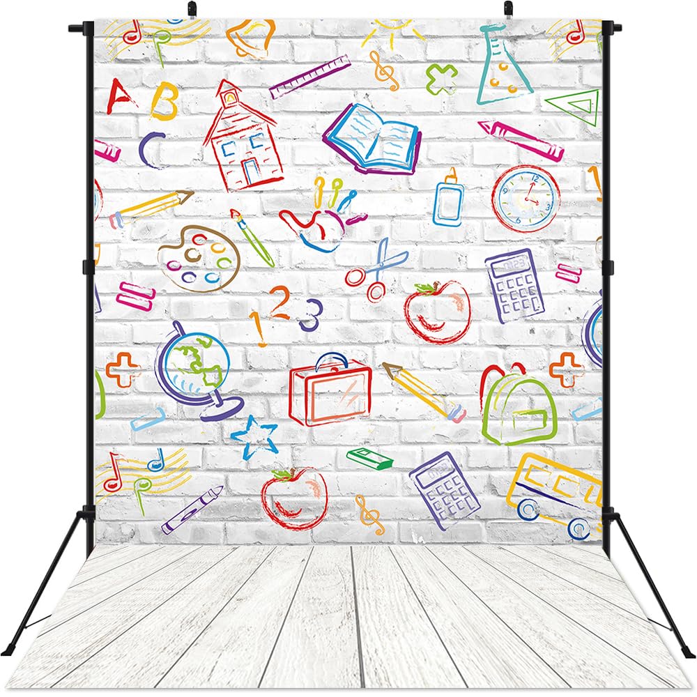 Back to School Backdrop Colorful Hand Painted Pencils House Books Photography Background White Brick Wall Banner for Baby Kids Birthday Classroom