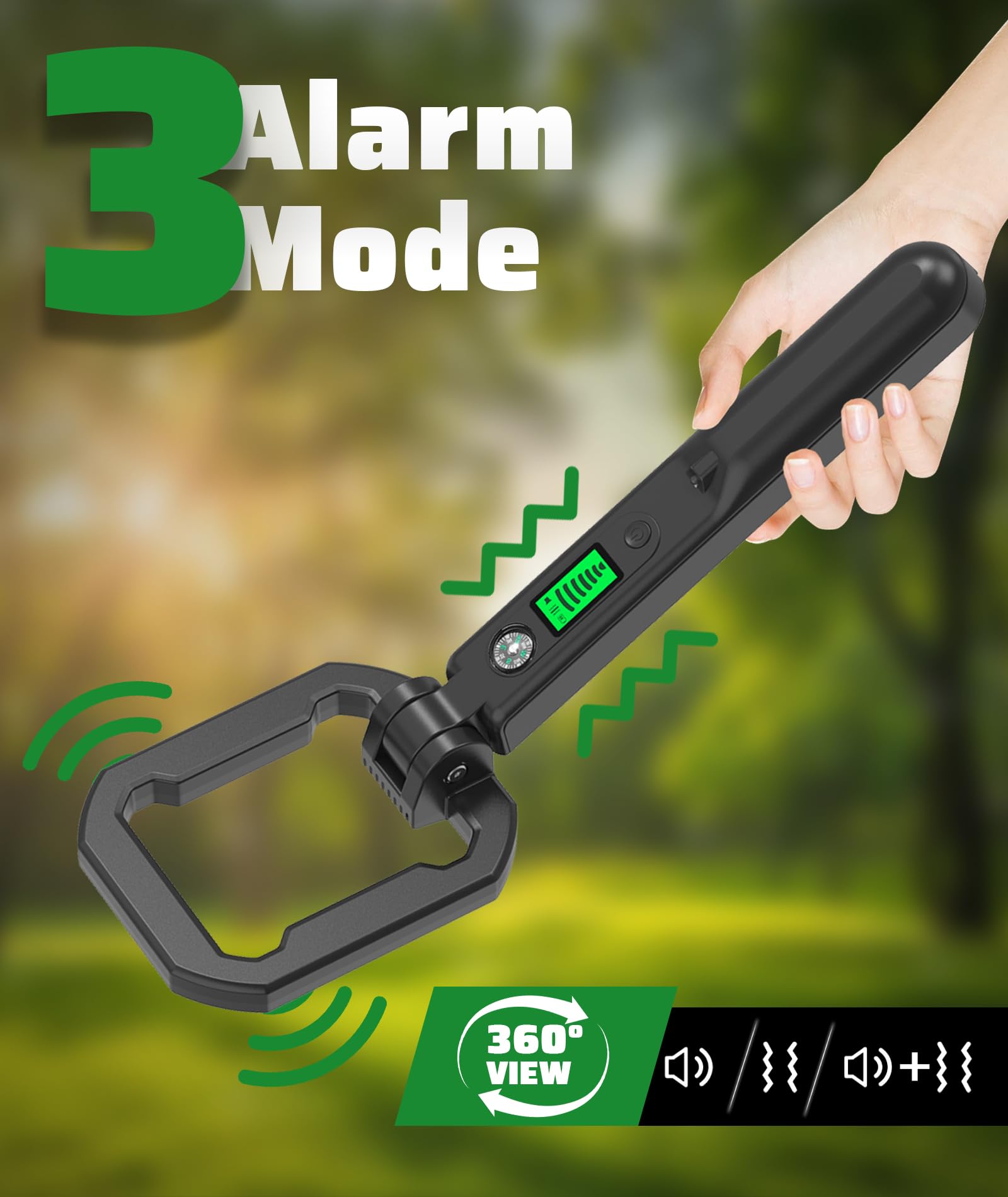 Detector de metales plegable de mano, resistente al agua IP66, para niños y adultos, ligero, portátil, herramienta de detección de 360° con pantalla LCD, brújula y luz LED, funciona con pilas de 9 V