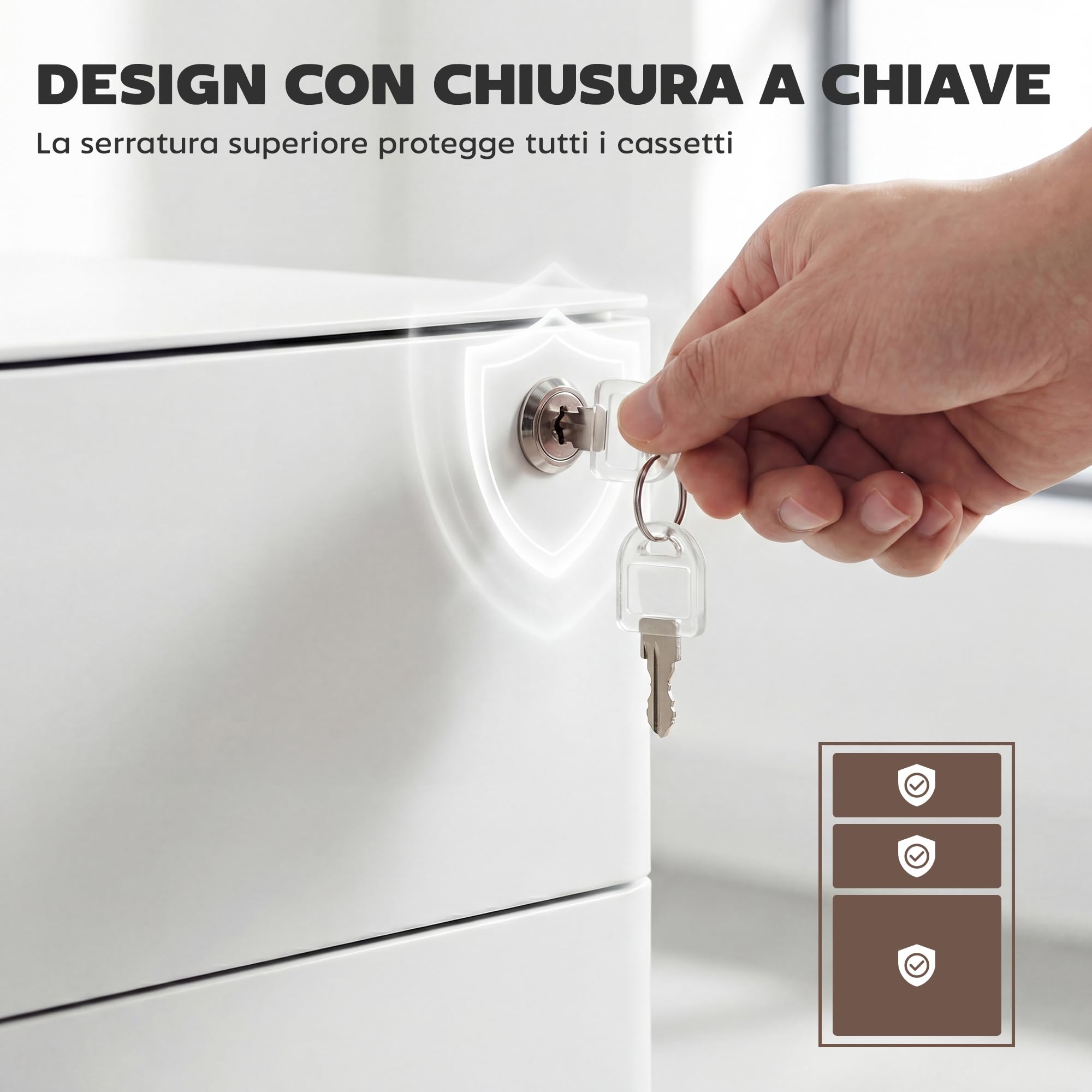 Vinsetto Cassettiera da Ufficio 3 Cassetti e Serratura, Cassettiera per Scrivania con Rotelle in Acciaio, 39x48x59 cm, Bianco
