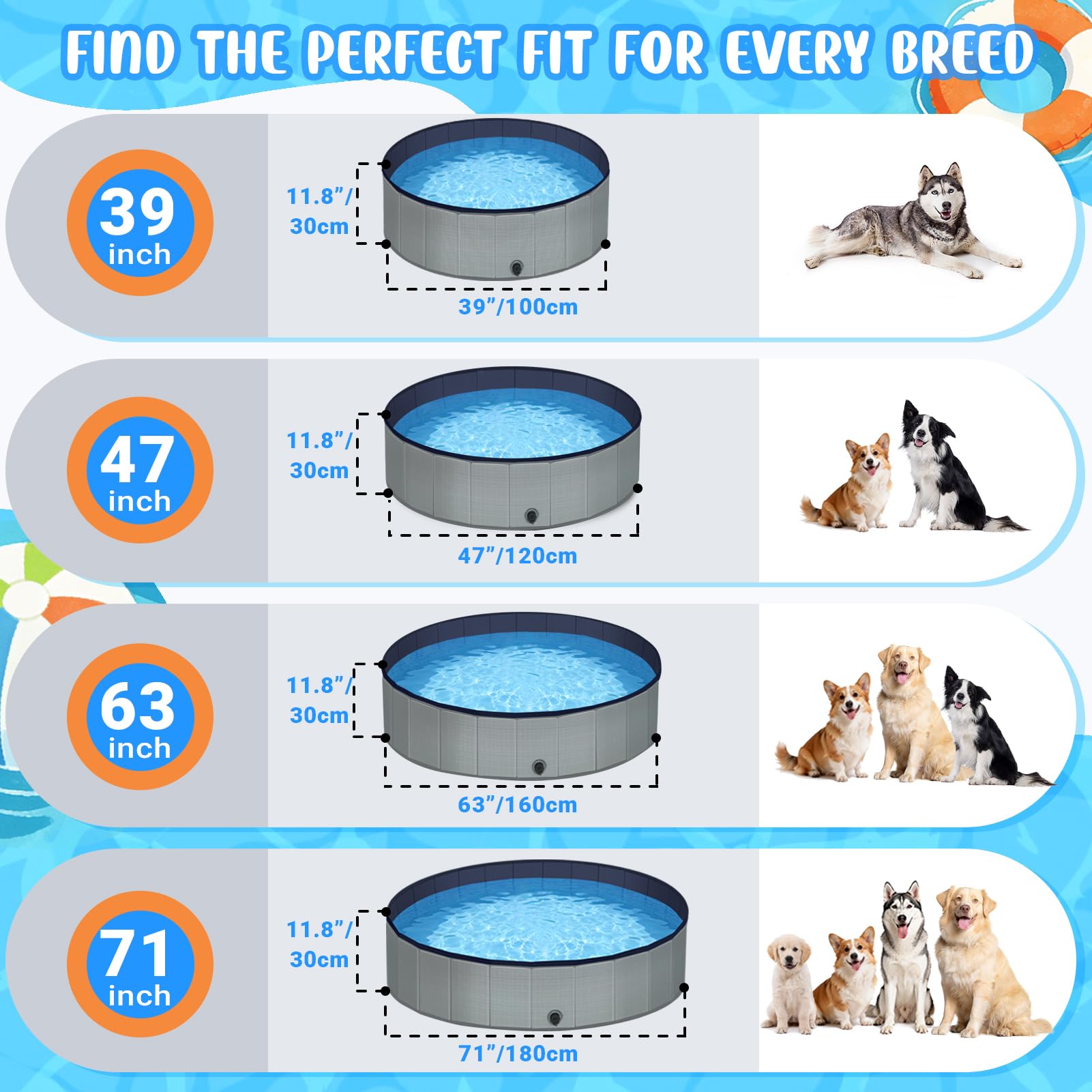 Bamda Foldable Dog Pool - 47" Kiddie Pool with Hard Plastic - Non-Slip Thickened Bottom Portable Pet Swimming Pool for Small Medium Large Dogs, Puppies & Kids(Gray) - image 2