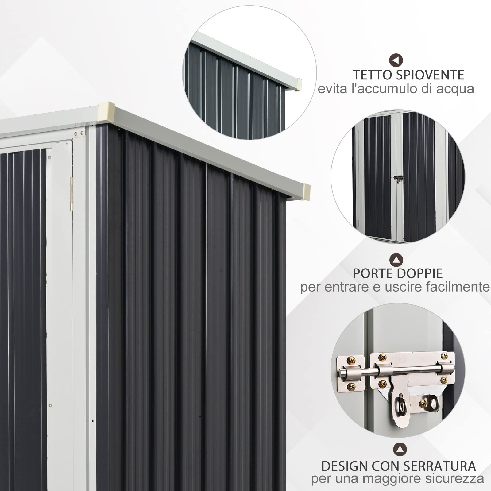 Outsunny Casetta da Giardino in Lamiera di Acciaio, Capanno a Doppia Porta con Sistema di Blocco, 147x86x134cm, Nero e Bianco