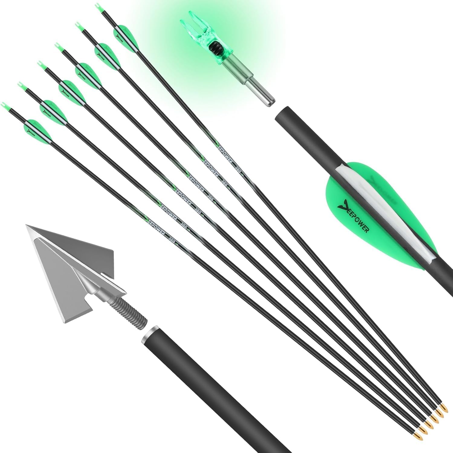 DEEPOWER 6 Pack 31 inch 100% Carbon Arrows with Fixed Blade Broadhead and Lighted Nocks for Compound Bow and Recurve Bow Shaft Spine 300/350/400/500