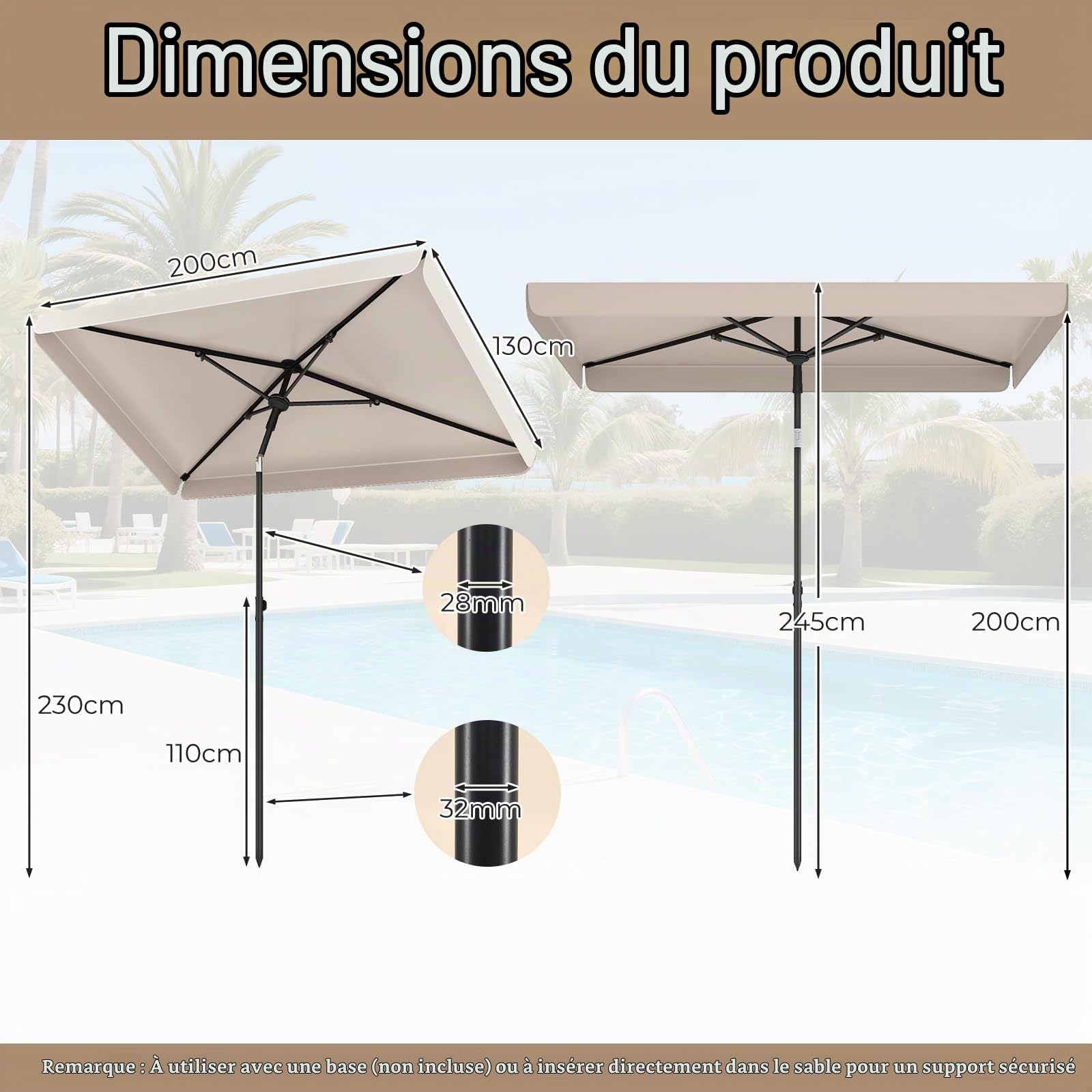 RELAX4LIFE Petit Parasol de Balcon Rectangulaire 200x130cm Inclinable,Beige