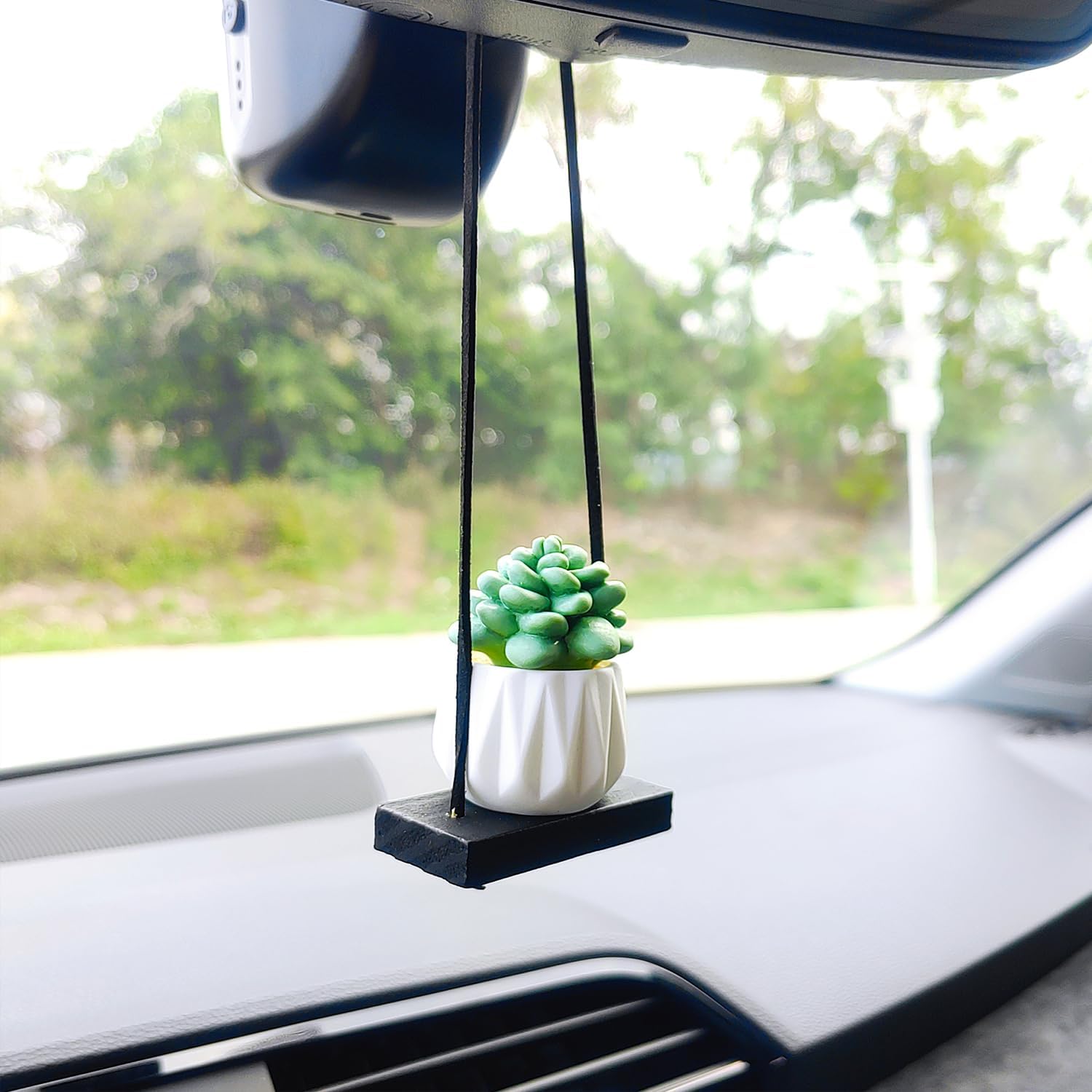 Simulated Mini Potted Plant Rear View Mirror Accessories, Cute Car Accessories for Women, Succulent Plants Car Hanging Decoration Rearview Mirror Charms image 3
