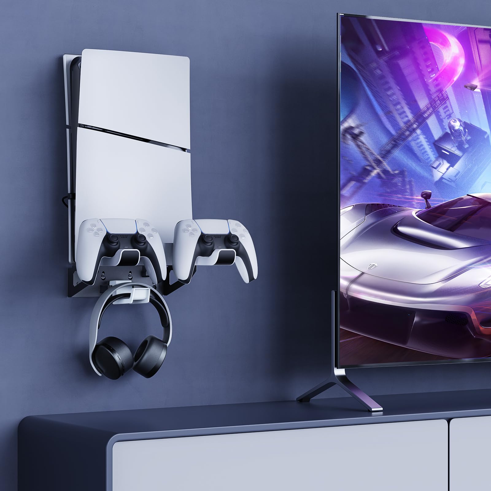 NexiGo Supporto da Parete per PS5 con Stazione di Ricarica per per PS5 (Tutte Le Versioni) e Nuove Console PS5 Slim, Controller Regular e Edge