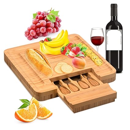 Qisebin Bamboo Cheese Set with Cutlery in Slide-Out Drawer Including 4 Stainless Steel Utensils Perfect Charcuterie Board and Serving Tray for Entertaining or Gift Giving, One Size