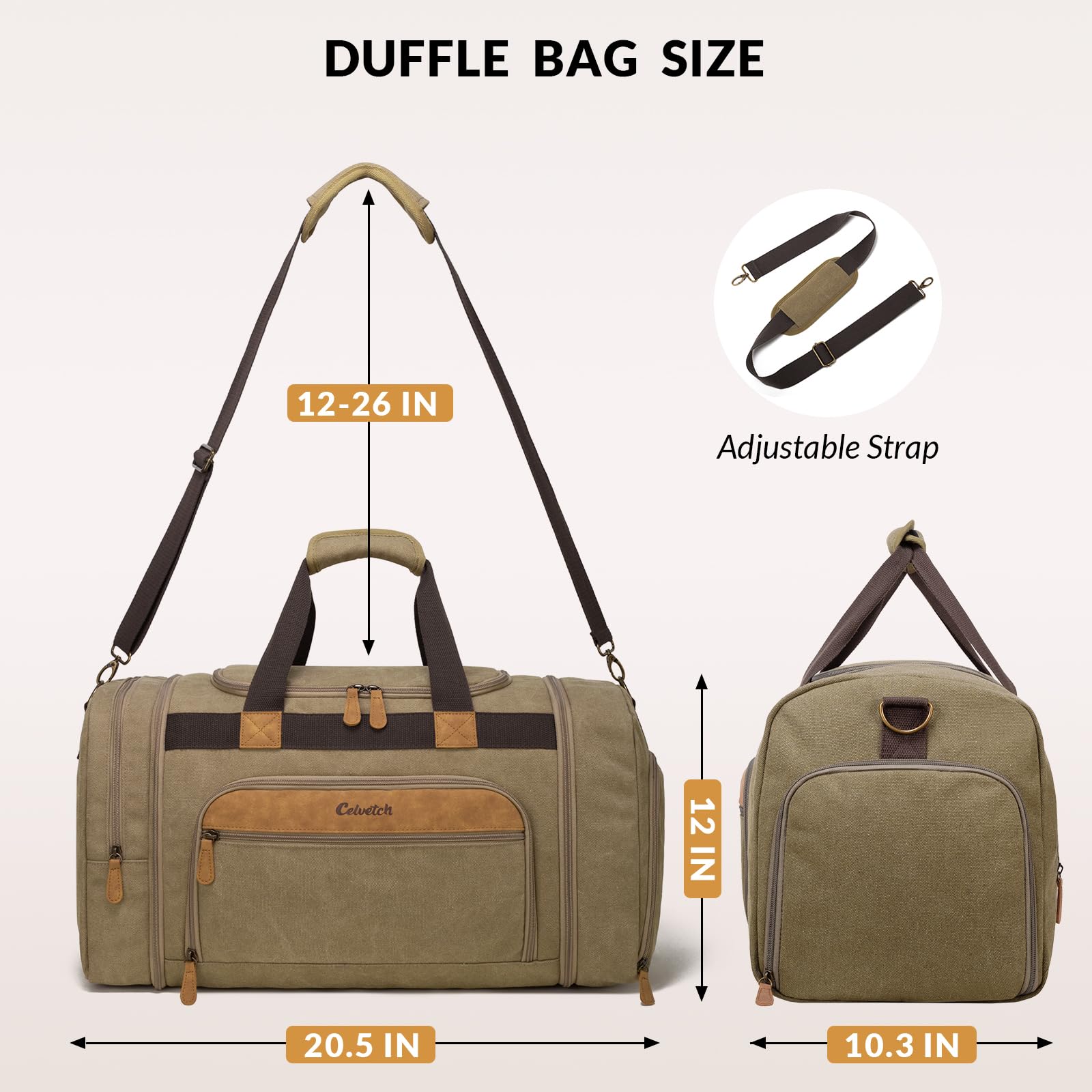 Canvas Duffle Bag for Travel 50L Expandable Travel Duffel Bags for Men Women Weekender Overnight Bag with Shoes Compartment - Brown