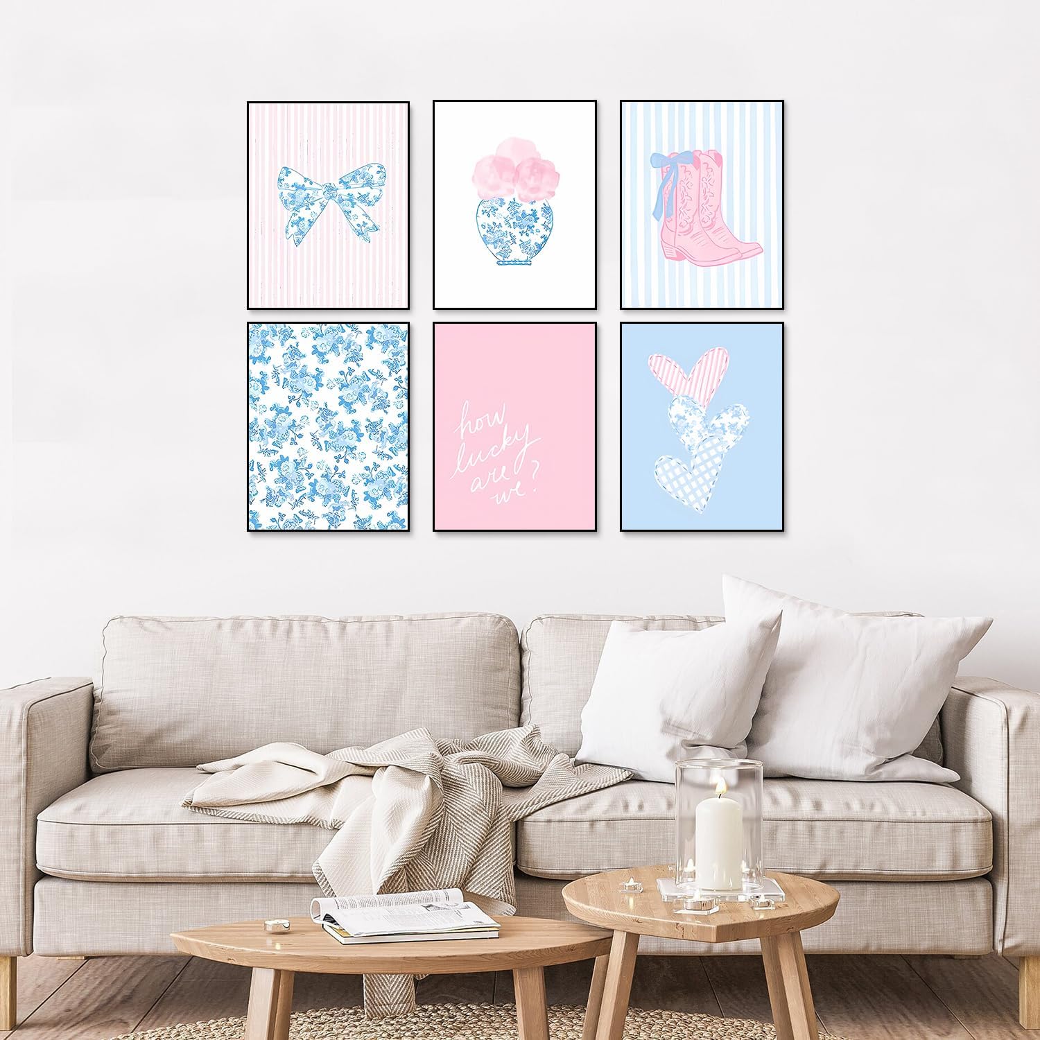 6 Pcs Blue and Pink Floral Bow Wall Art Trendy Chinoiserie Watercolor Heart Canvas Prints Posters Cowgirl Boots Aesthetic Wall Decor for Girly Room Coastal Dorm Home Decor Unframed 8x10in - Image 7