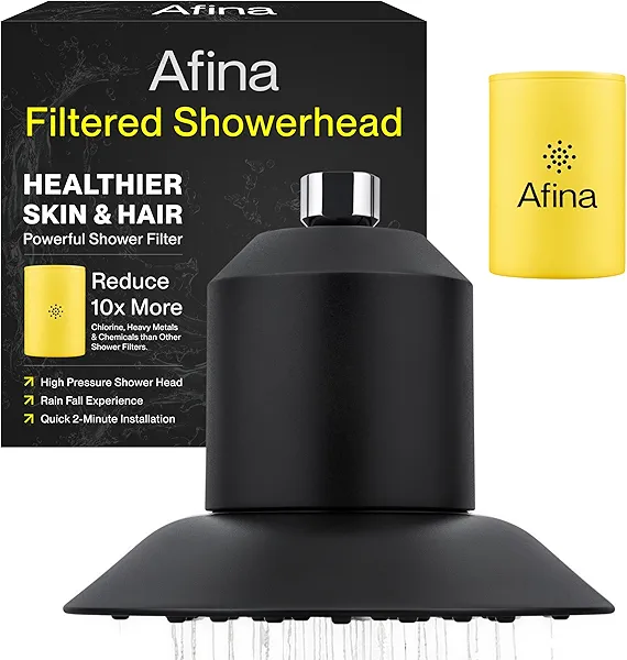 Afina Filtered Shower Head - High Pressure Rain Shower System - Removes 99% Chlorine, Heavy Metal & Chemicals - Water Filter for Hard Water - Bathroom Accessories & House Essentials - Black Showerhead
