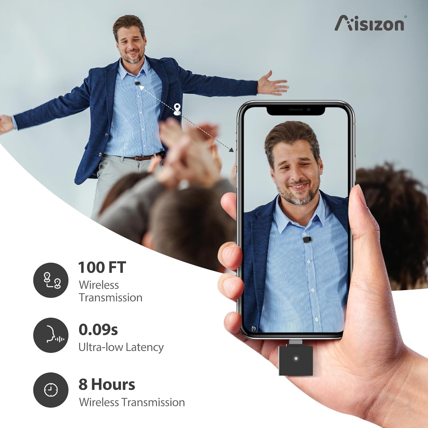 Diagram showing 100ft wireless transmission, ultra-low latency, and 8 hours battery life.
