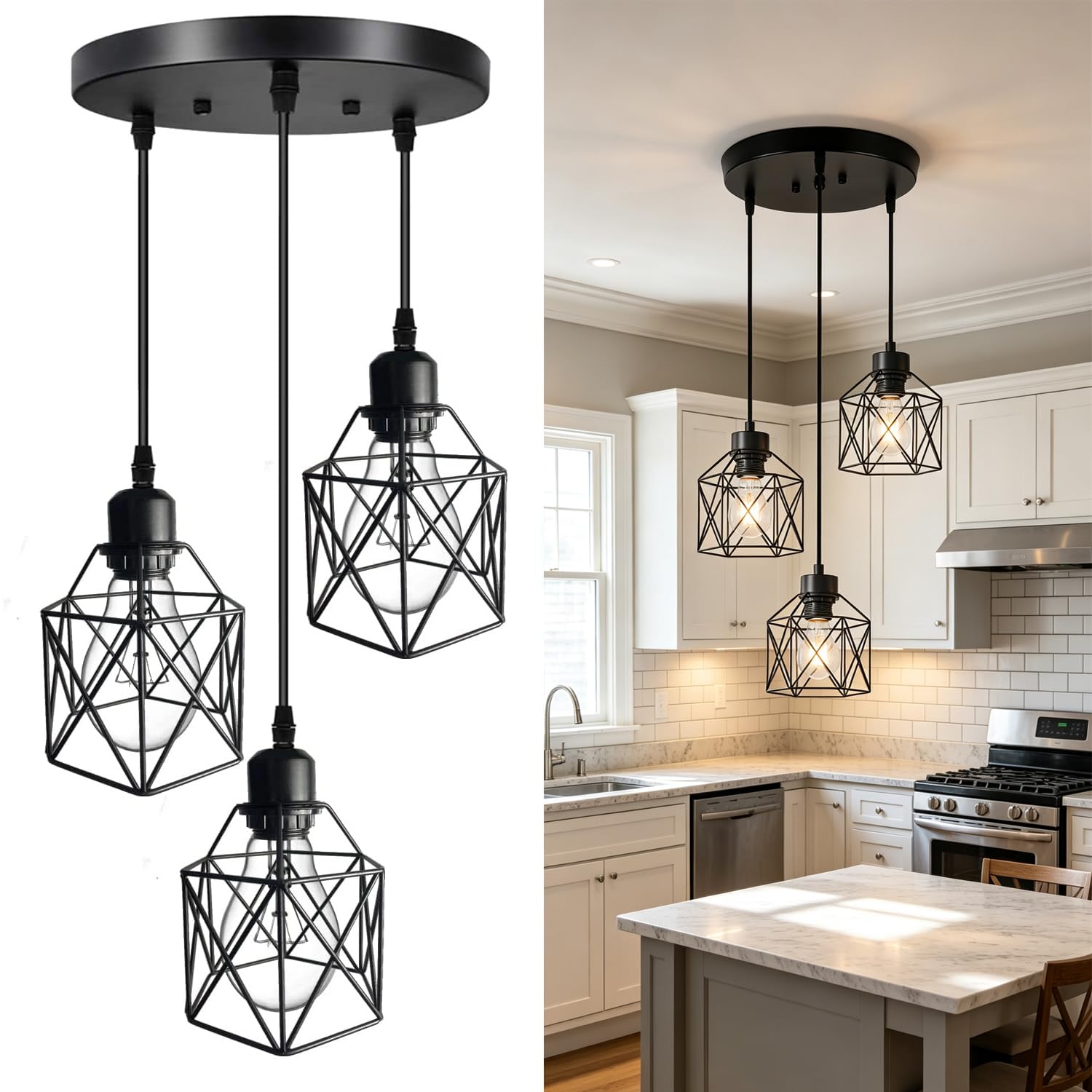 3 Light Pendant Lighting,Farmhouse Hanging Light Fixture for Kitchen Island