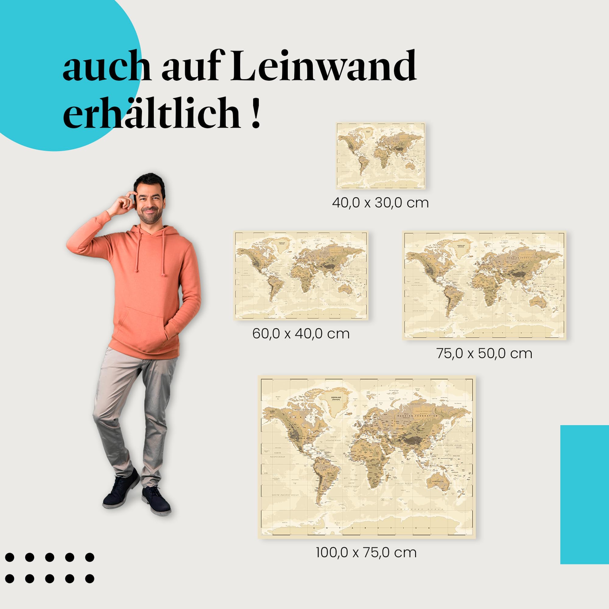 Postereck - 0610 - Alte Vintage Vektor Weltkarte, Länder Kontinente - Unterricht Klassenzimmer Schule Wandposter Fotoposter Bilder Wandbild Wandbilder - Leinwand - 75,0 cm x 50,0 cm