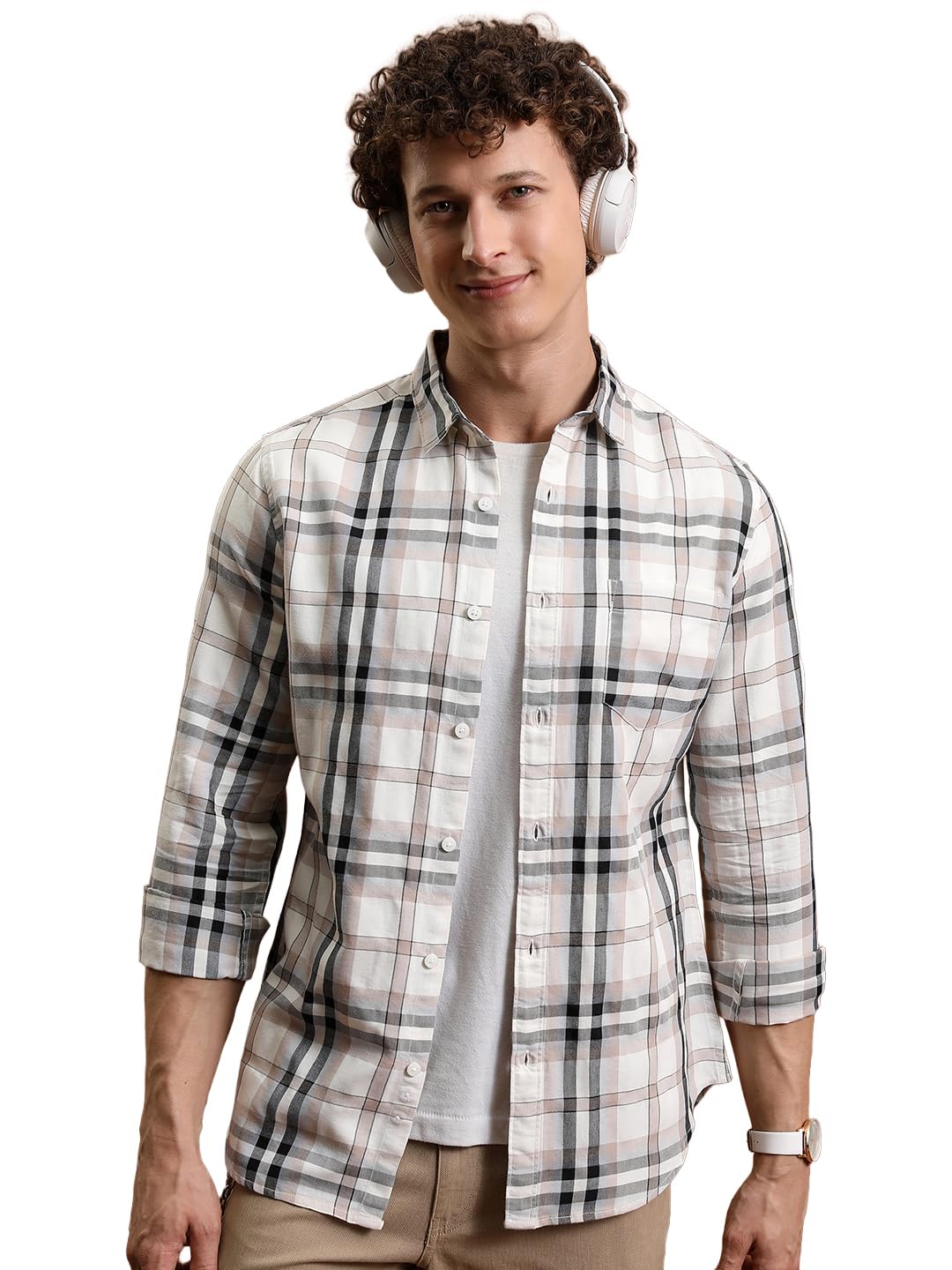 Roadster Men's Slim Fit Checks Shirt for Men | Full Sleeves | Spread Collar | Casual Shirts for Men in neutral