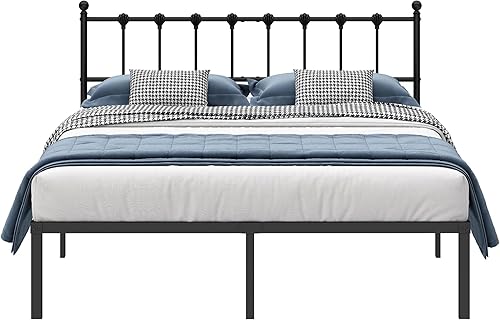 Miniatura 8 de Base de cama de tamaño matrimonial con cabecera moderna, base de cama de plataforma de metal con soporte fuerte, no necesita somier, fácil montaje,