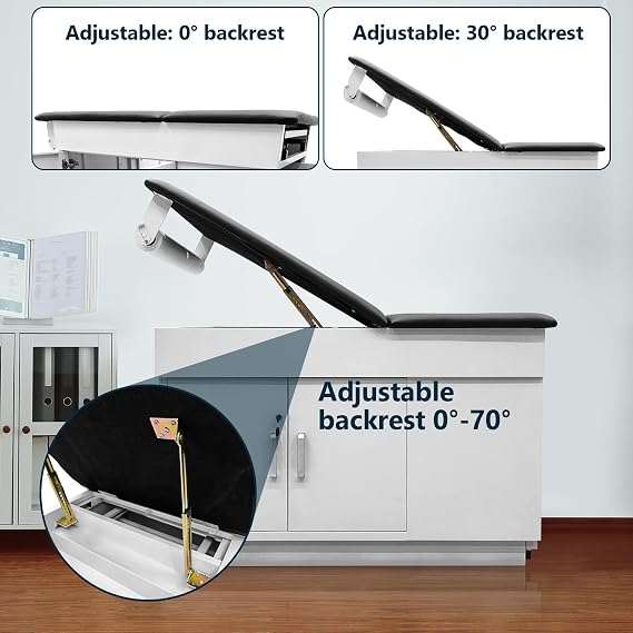 Medical Exam Table, Adjustable Exam Bed with Step Stool, Steel Cabinet, Stirrups & Paper Dispenser Included, 72 L x 31 H x 28 W (Black)