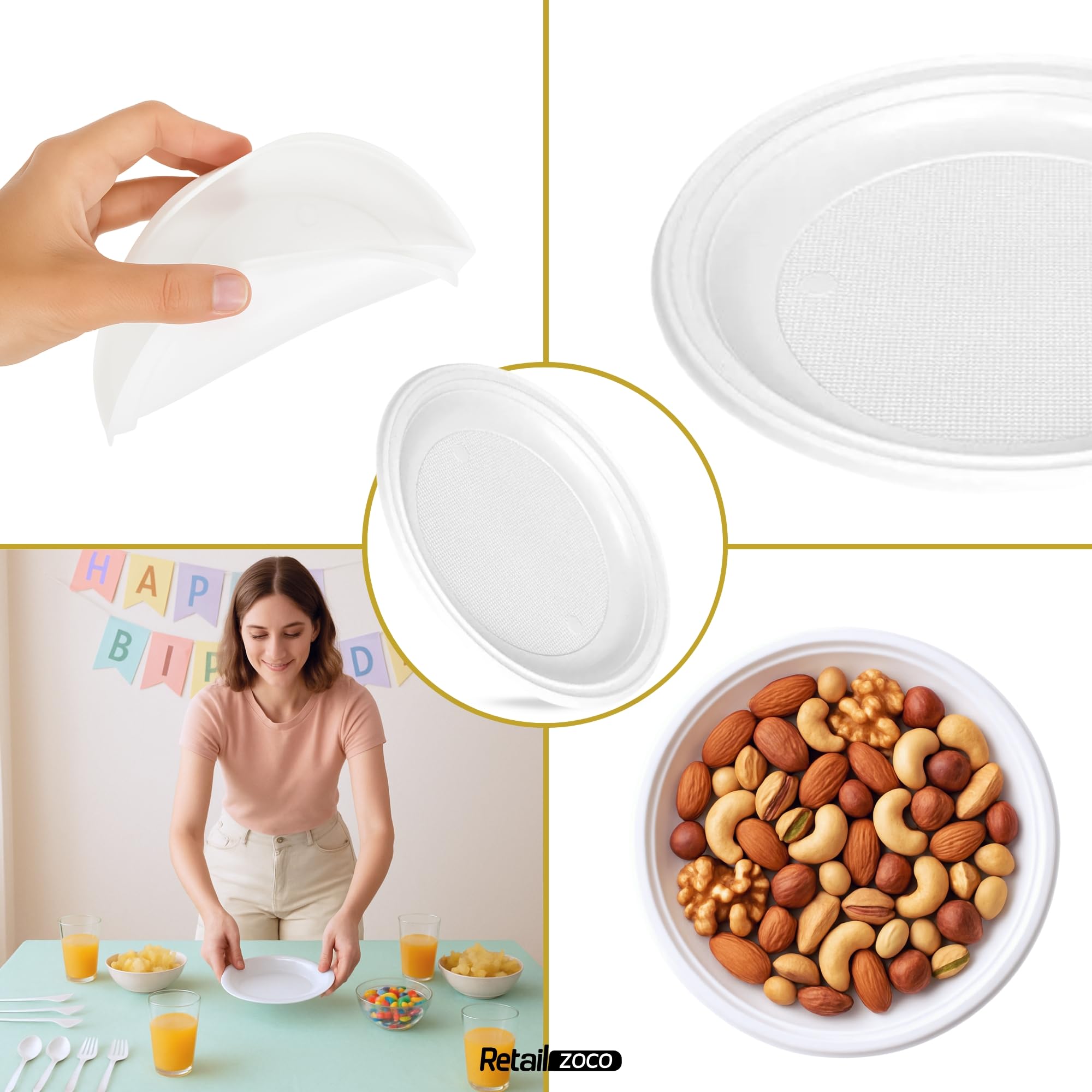 Platos de plástico blancos reutilizables, Plato de plástico hondo redondo, apto para alimentos calientes, Platos extra resistentes, Norma UNE-EN-12875-1, Diseño hondo diámetro 20.5 cm, 200 unidades