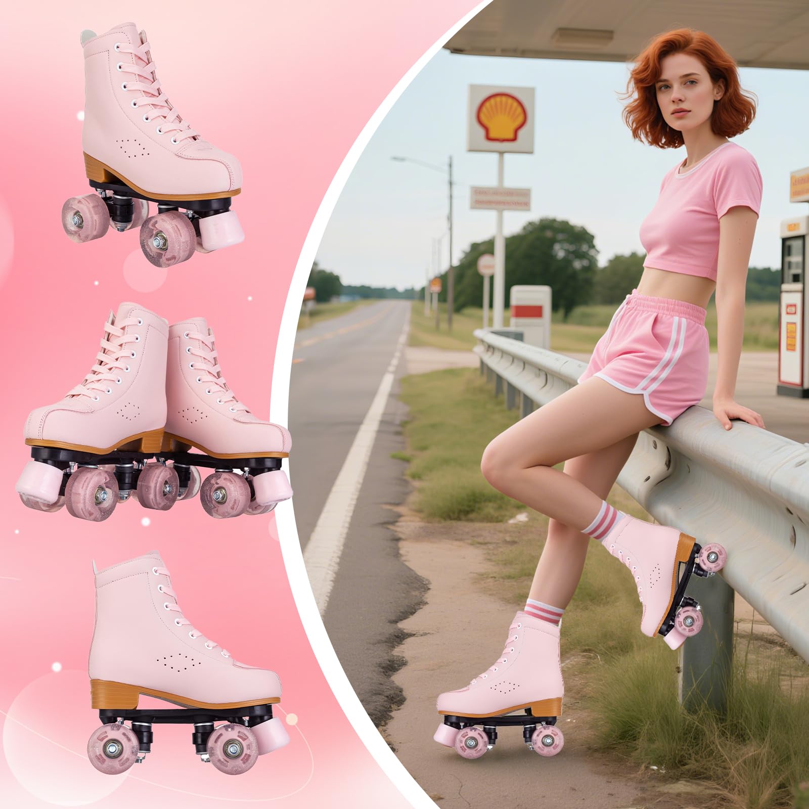 Gets Patins à roulettes lumineux en cuir synthétique pour femme - Double rangée de 4 roues - Patins brillants pour adolescents et adultes