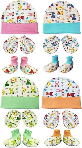 BRANDONN Newborn Baby's Cotton Mitten, Bootie &amp; Cap Set 0-4 Months Baby Boys and Baby Girls, Pack of 4