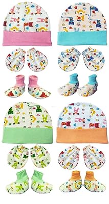 BRANDONN Newborn Baby's Cotton Mitten, Bootie & Cap Set 0-4 Months Baby Boys and Baby Girls, Pack of 4