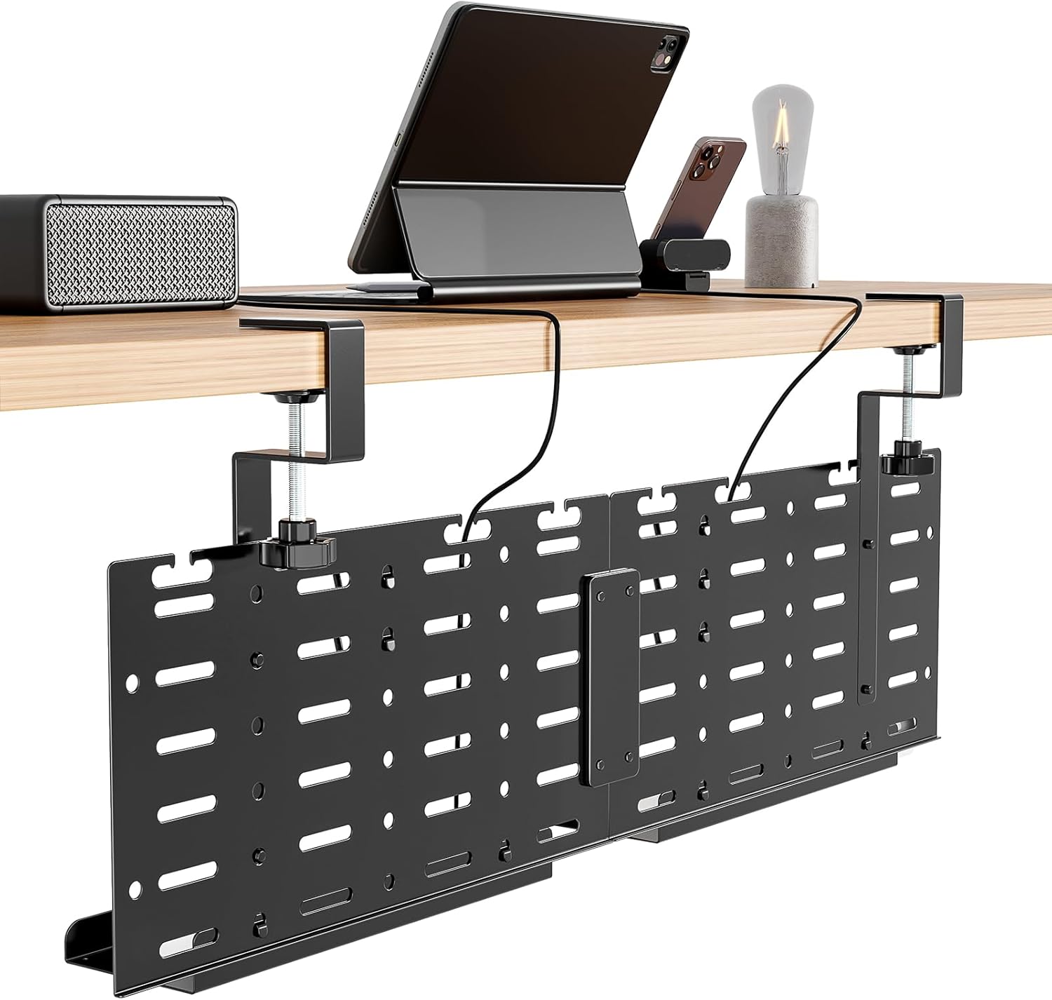 Under Desk Cable Management Tray, 30.2" Vertical Metal Pegboard Organizer for Power Strip, Cables, Clamp On Cord Organizer Rack with Hooks, Trays & Cable Straps for Home Office, Black