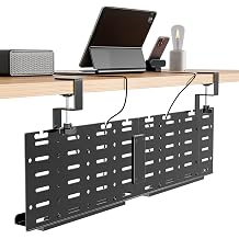 PEGZONE Under Desk Cable Management Tray, 30.2" Vertical Pegboard Organizer for Power Strip & Cords, with Hooks, Trays & Straps, No-Drill C-Clamp for Home Office, Black