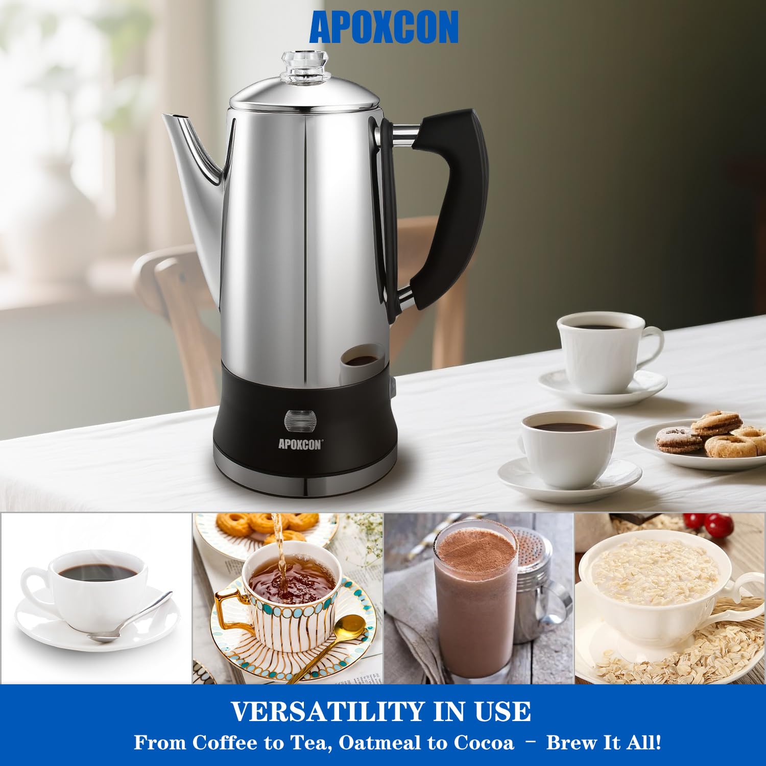 APOXCON Edelstahl Kaffeekanne Elektrisch, mit sichtbarem Brühknopf, cordless Servieren, aluminiumfrei,12 Tassen