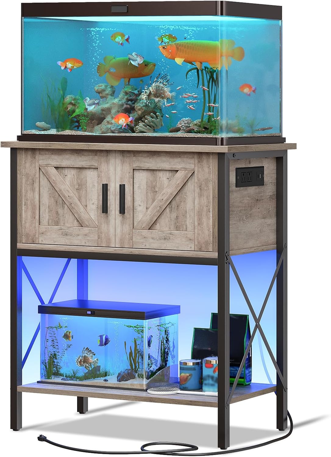 HOOBRO 20 Gallon Fish Tank Stand with Power Outlets and LED Light, Metal Frame Aquarium Stand, Reptile, Turtle Tank Stand with Cabinet Storage, 27.6'' L x 15.7'' W, 300 LBS Capacity, Greige BG40UDFT01