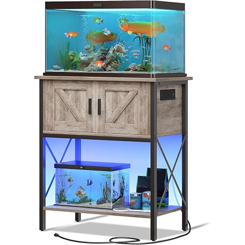 HOOBRO 20 Gallon Fish Tank Stand with Power Outlets and LED Light, Metal Frame Aquarium Stand, Reptile, Turtle Tank Stand with Cabinet Storage, 27.6'' L x 15.7'' W, 300 LBS Capacity, Greige BG40UDFT01