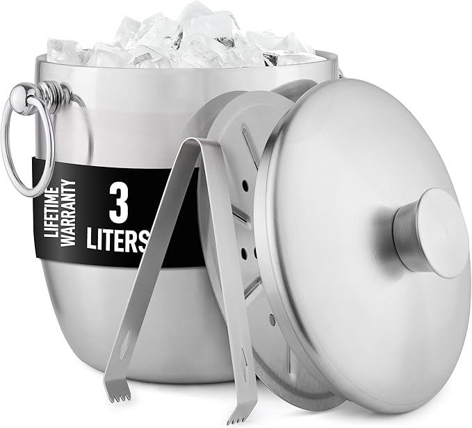 Zulay Kitchen Premium Stainless Steel Double-Wall Insulated Ice Bucket Kit