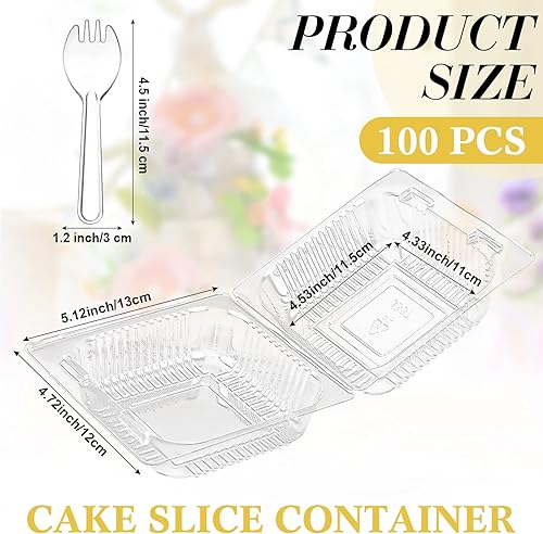Miniatura 2 de FairySandy 100 recipientes de plástico desechables con tapa y Spork de 5 pulgadas, recipiente transparente para rebanadas de pastel, recipientes
